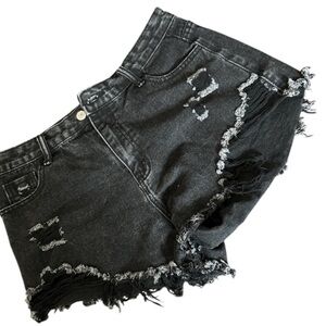 Distressed Black Denim Shorts